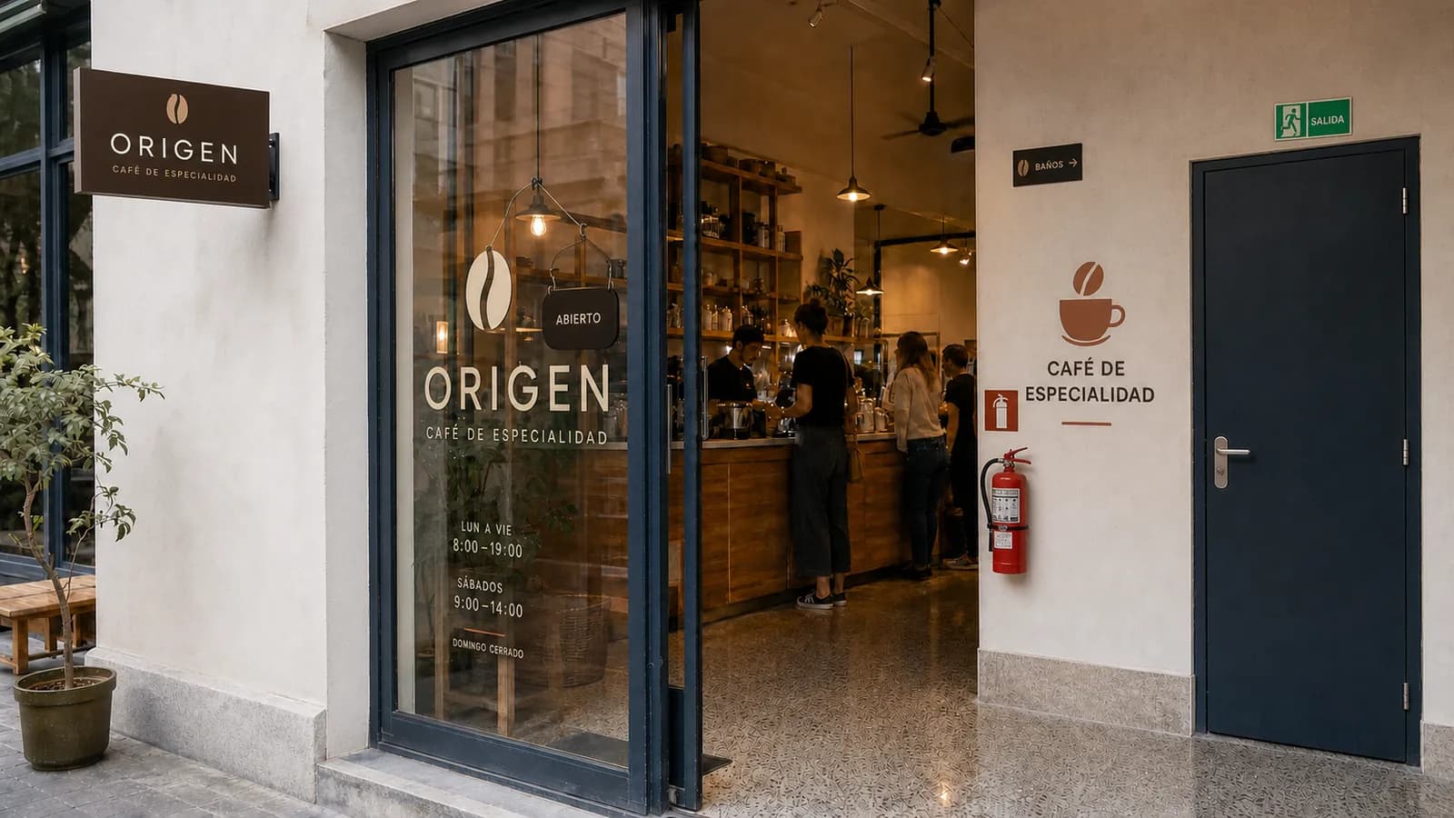 Vidriera de una cafetería de barrio: cartel de salida sobre la puerta, señal de baños, gráfica de pared con el logo del local y extintor señalizado.