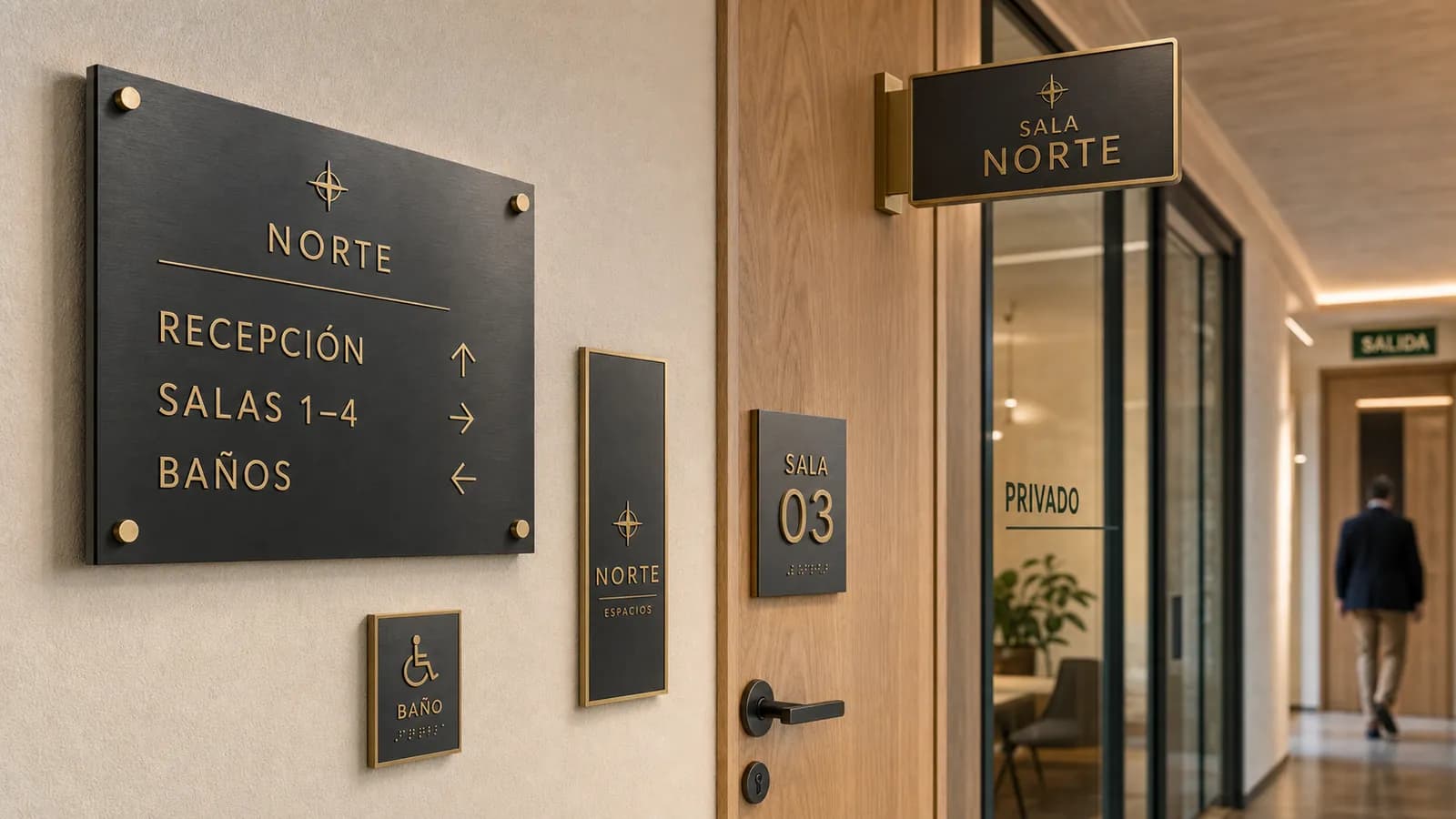 Detalle de un cartel direccional de chapa montado sobre separadores, junto a una placa de sala y una de baño accesible.